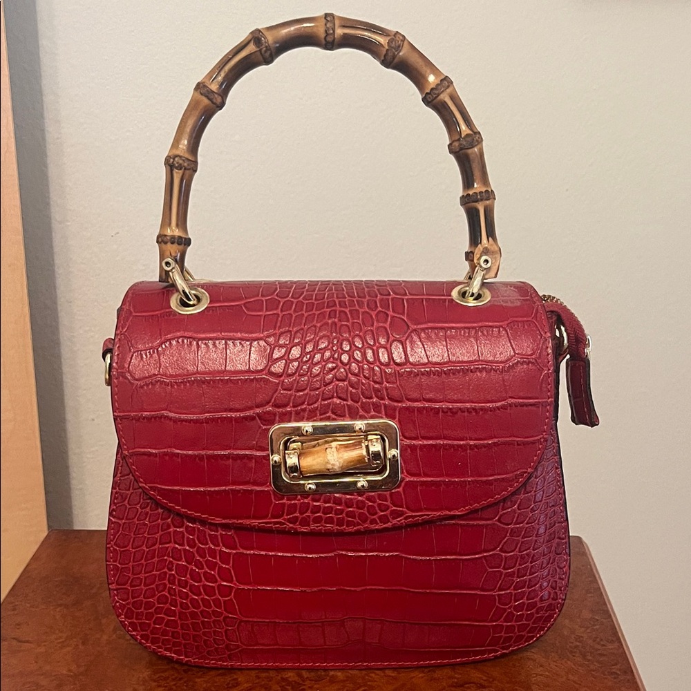 Red Crocodile Purse with Bamboo Handle
